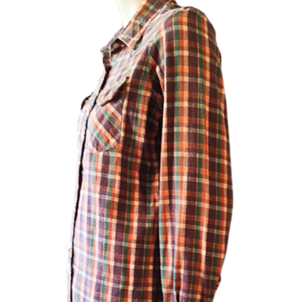 1970s True Vintage Brown Plaid Western Cotton Flannel Shirt Top With Pearl Snaps - Picture 4 of 5